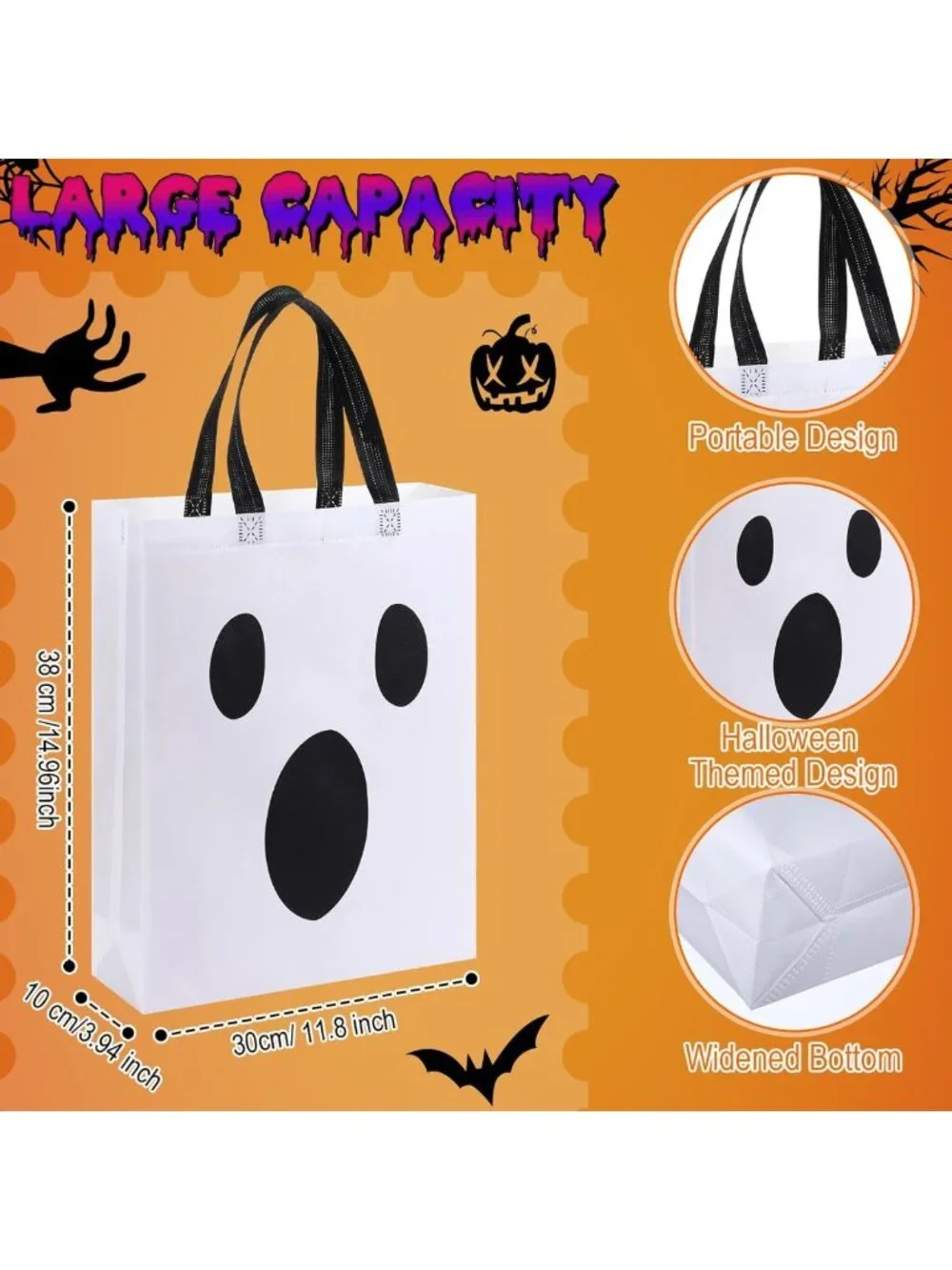 180 Pcs Large Halloween Tote Bags - Reusable Ghost Treat Bags for Candy